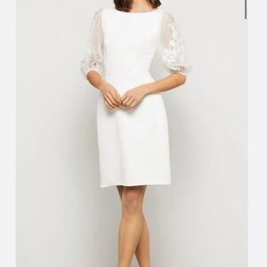 BCBG White Midi Sheath Dress with Puff Sleeves and Bateau Neckline